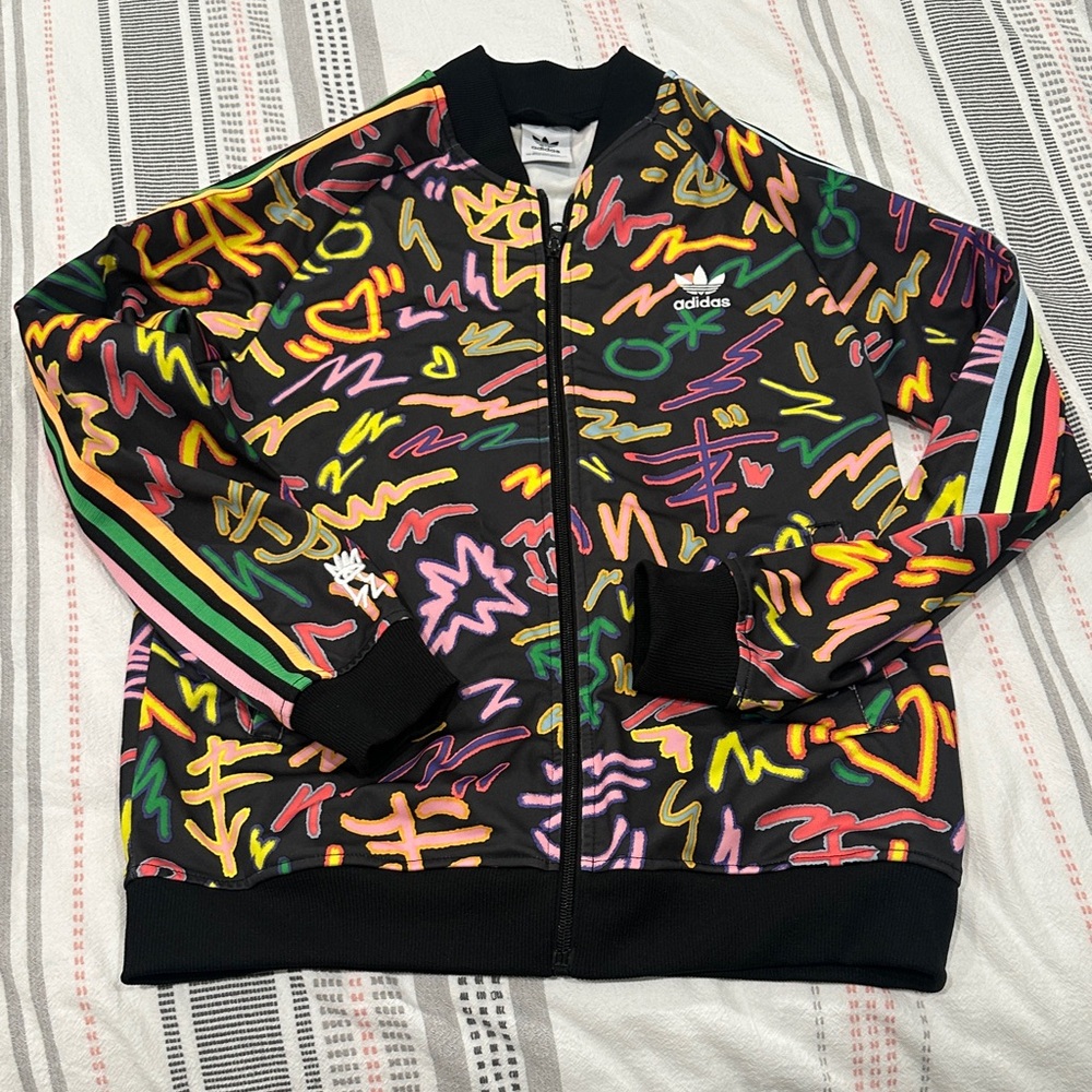adidas Kids Black Jacket with Neon Scribble Design